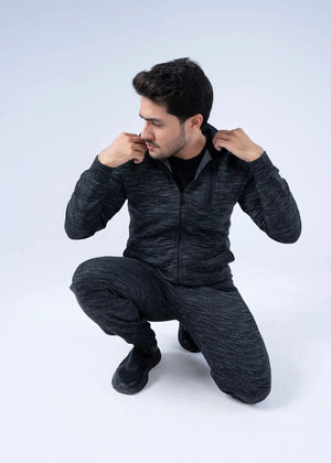 Fleece hooded hoodie with full-zip front, dark heather fabric, long sleeves