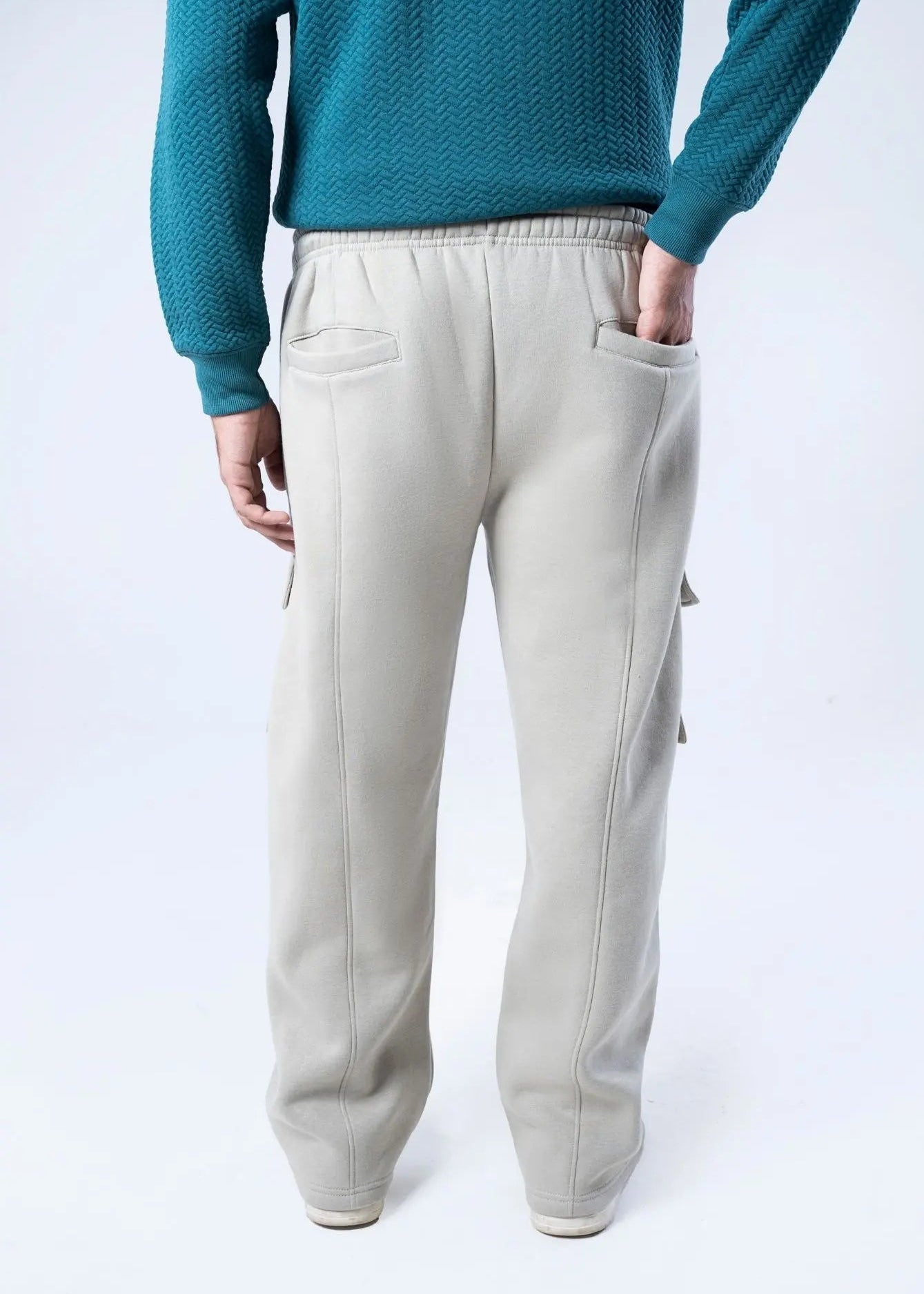 Men's stone terry pull-on trousers with elastic waist and tapered cargo side pockets