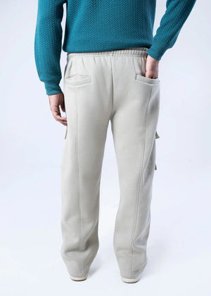 Men's stone terry pull-on trousers with elastic waist and tapered cargo side pockets