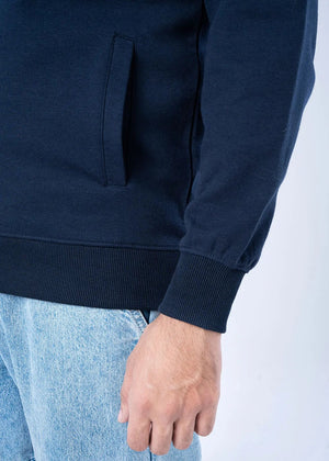 Navy fleece hoodie sleeve and front pocket, ribbed hem and cuffs