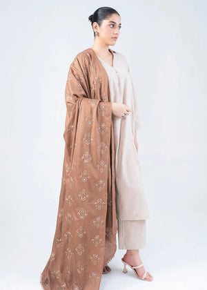 Women's brown wool winter shawl, embroidered floral pattern, full-length drape