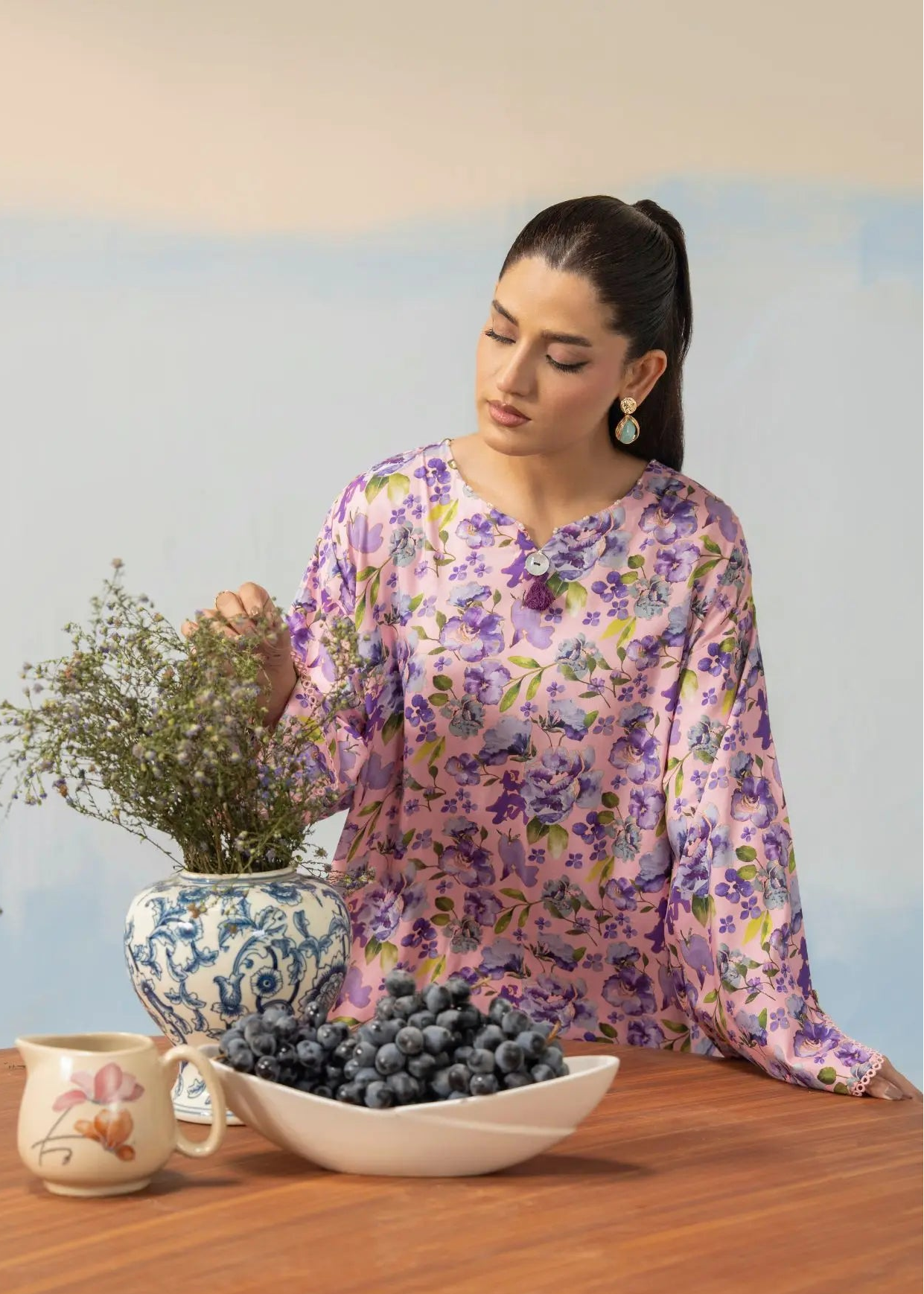Women's winter co-ord set, floral V-neck long-sleeve top with wide-leg pants