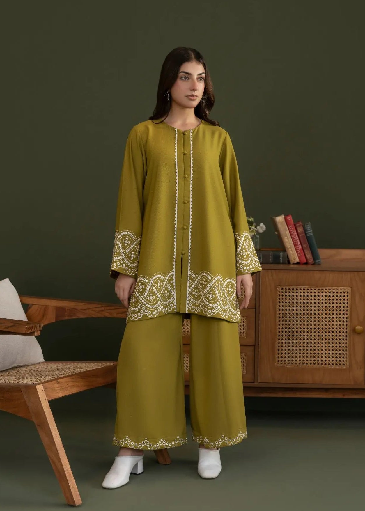 Olive winter co-ord set: embroidered yoke tunic, button placket, and matching wide-leg pants
