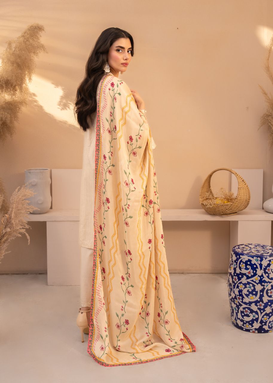 Women's beige embroidered 3-piece set with long floral dupatta and matching straight pants