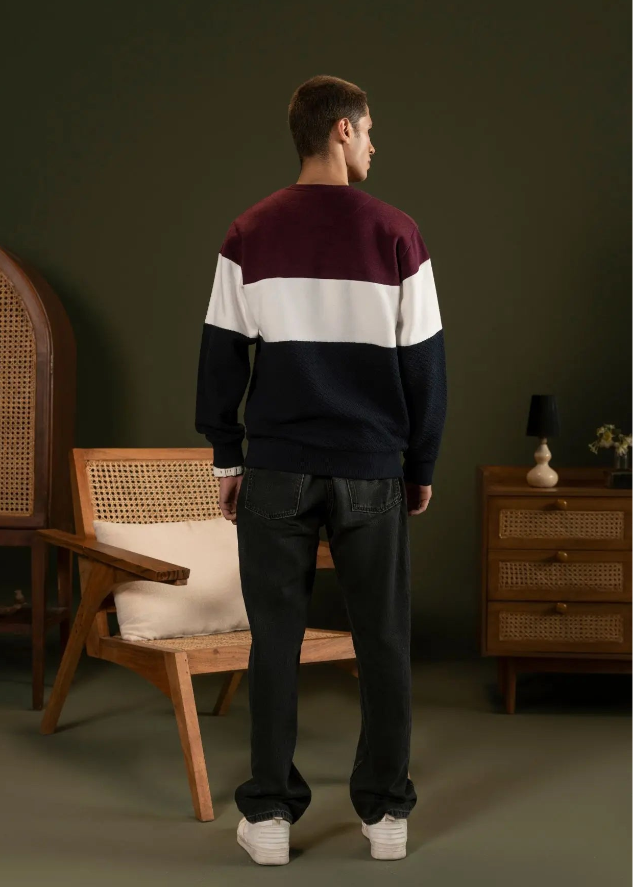 Men's crewneck striped fleece sweatshirt, maroon, white, and navy block panels.