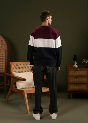 Men's crewneck striped fleece sweatshirt, maroon, white, and navy block panels.
