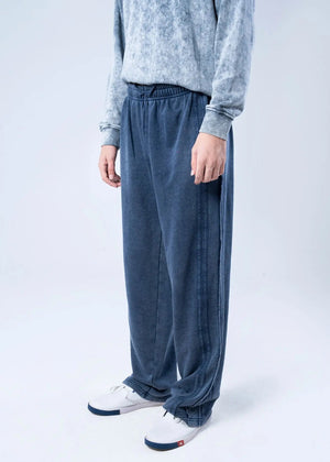 Men's navy terry pull-on trousers, elastic waistband, wide cuffs at ankle