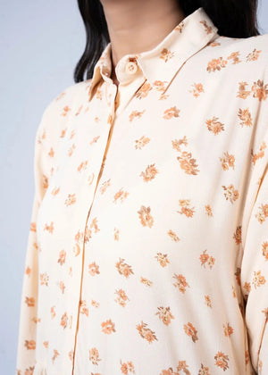 Women's long dress neckline with button placket and small floral print, light beige