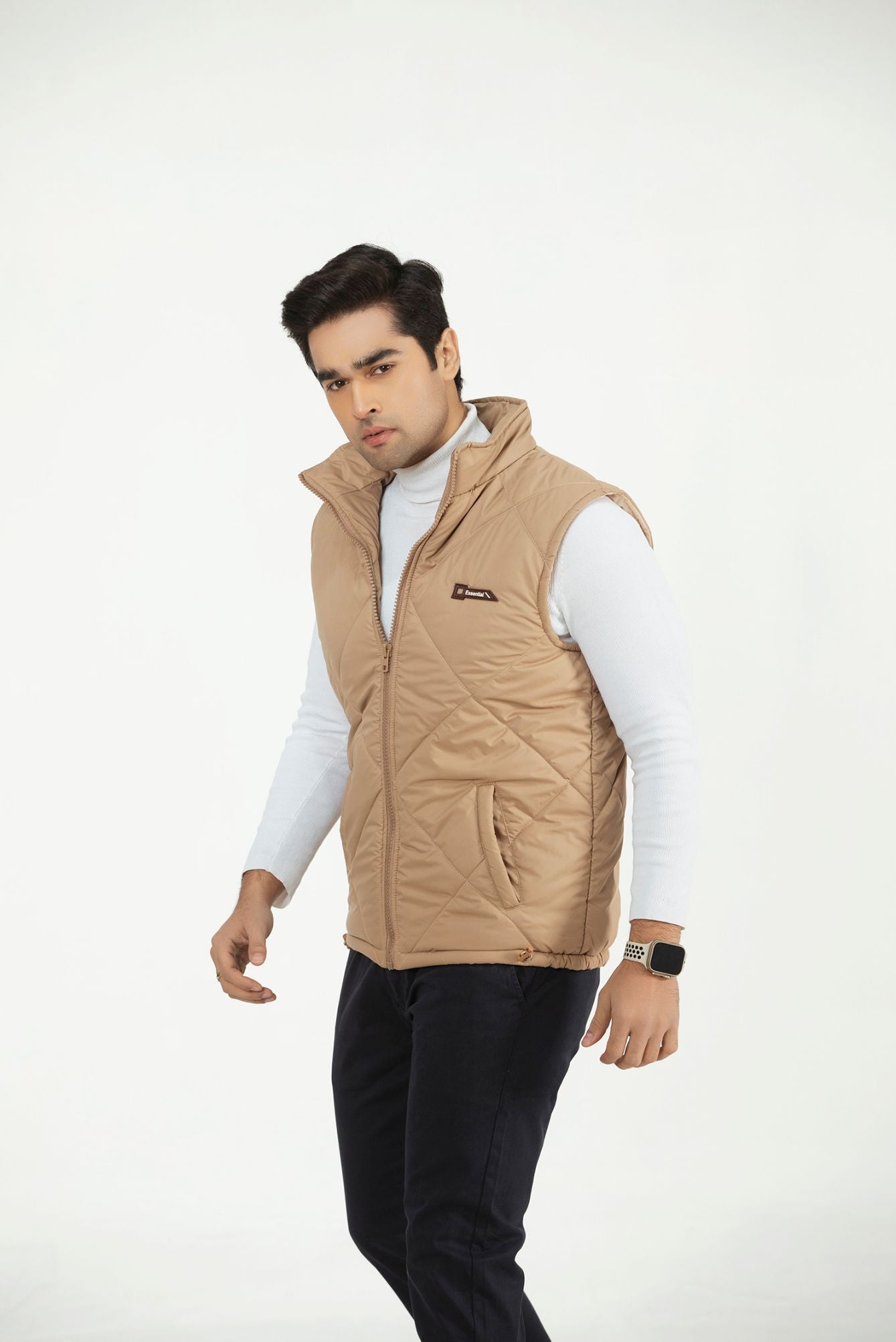 Men's camel sleeveless puffer vest with quilted diamond panels, zip front