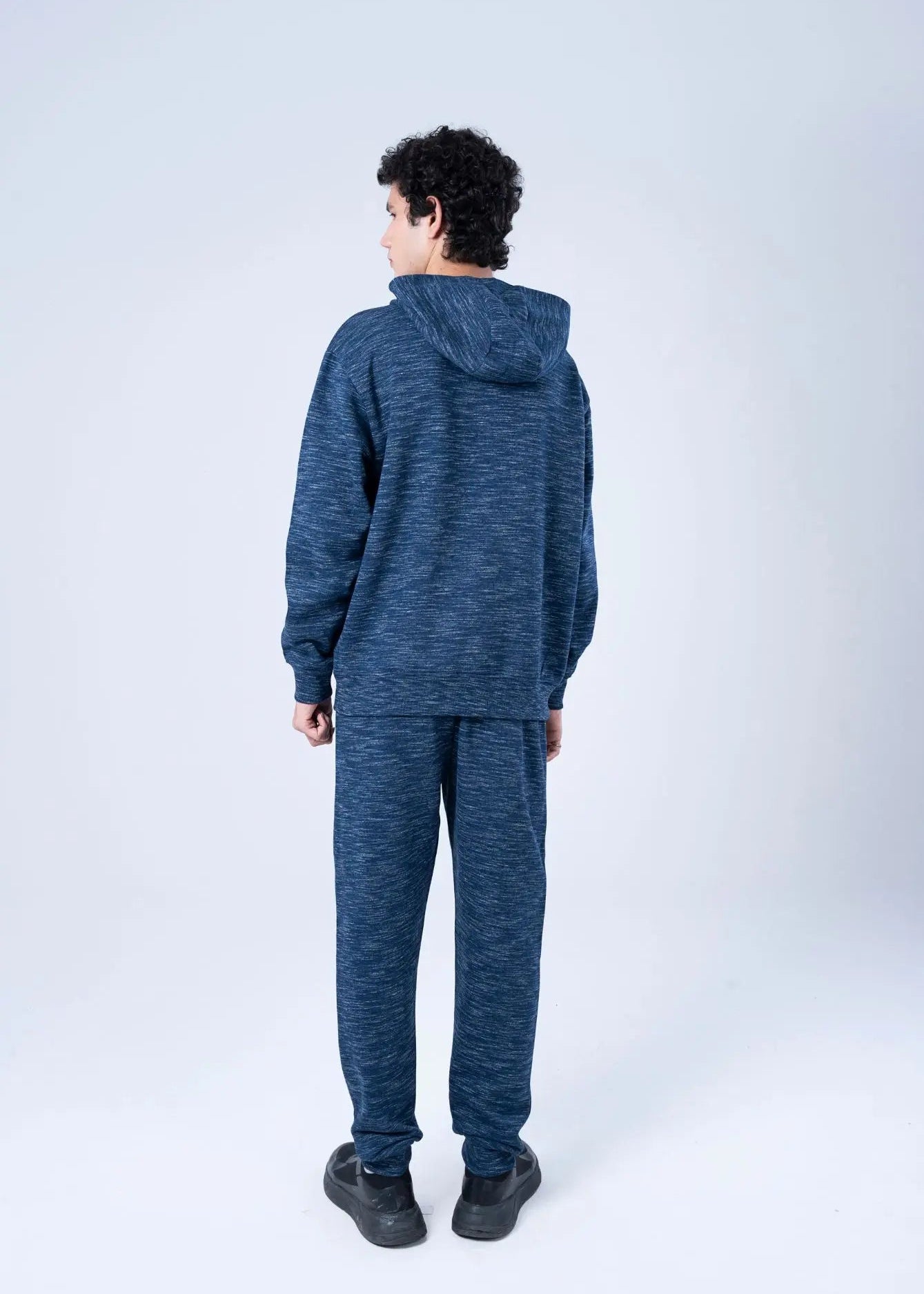 Men's navy melange fleece pull-on trousers with elastic waist, back view