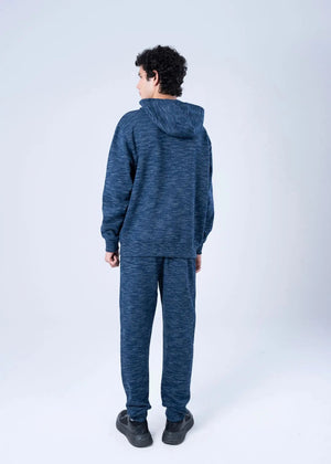 Men's navy melange fleece pull-on trousers with elastic waist, back view