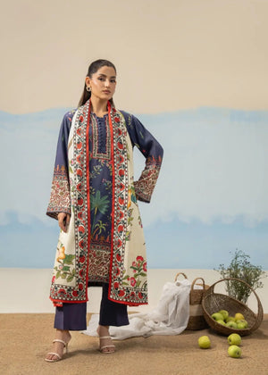 Women’s navy printed winter suit with long kurta, straight pants, floral border dupatta