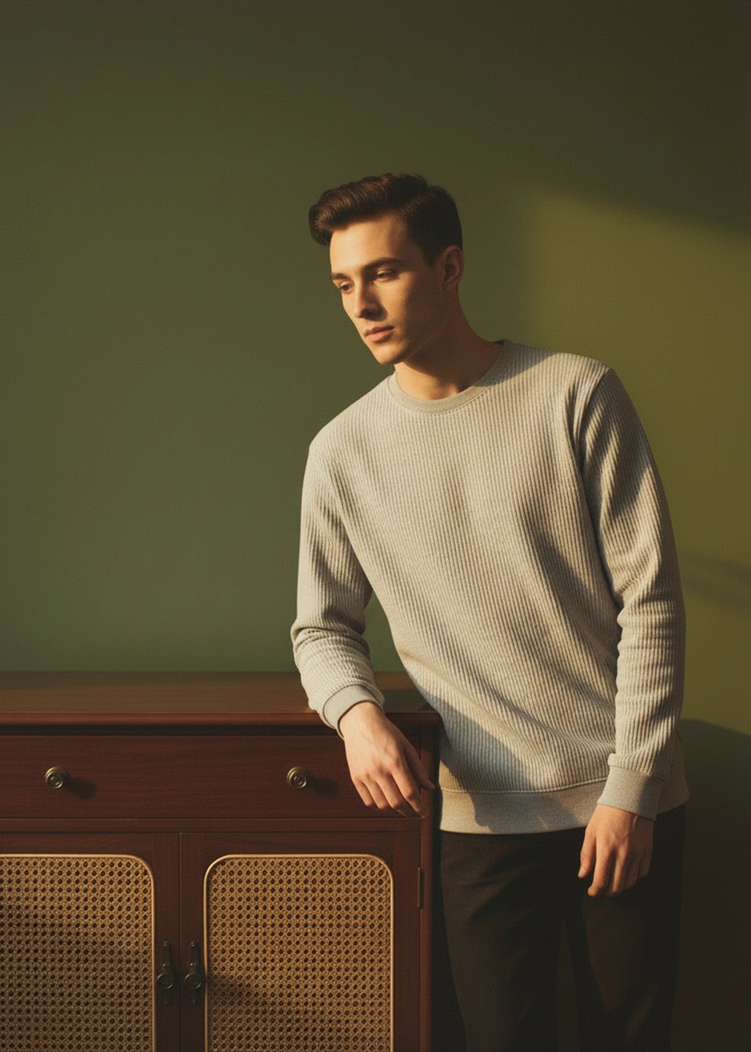 Men's oatmeal waffle-knit crewneck sweatshirt with long sleeves