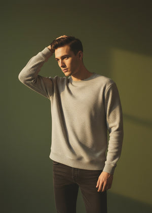 Men's oatmeal waffle-knit crewneck sweatshirt, long sleeves and ribbed cuffs