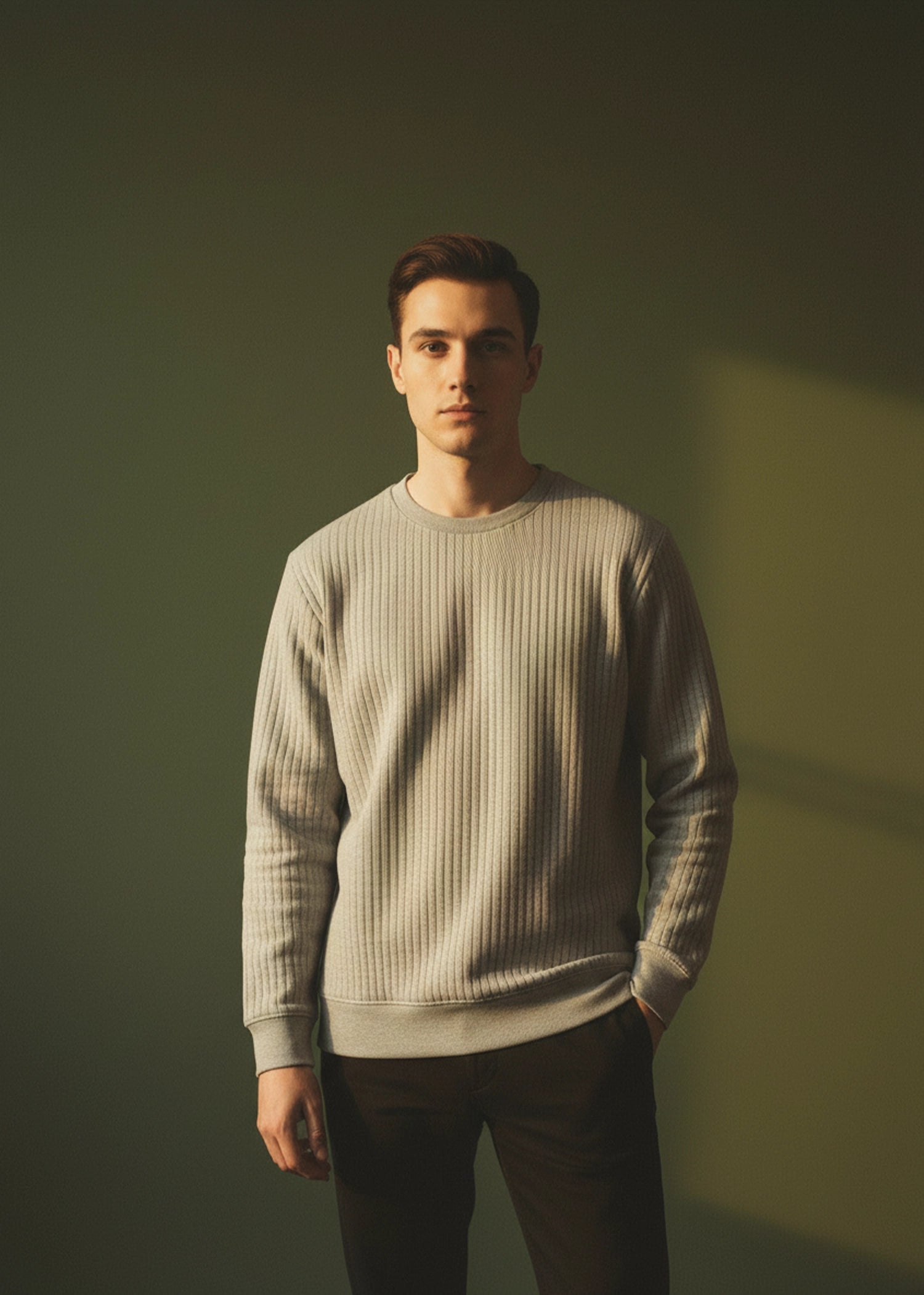 Men's oatmeal waffle-knit crewneck sweatshirt with straight hem and long sleeves