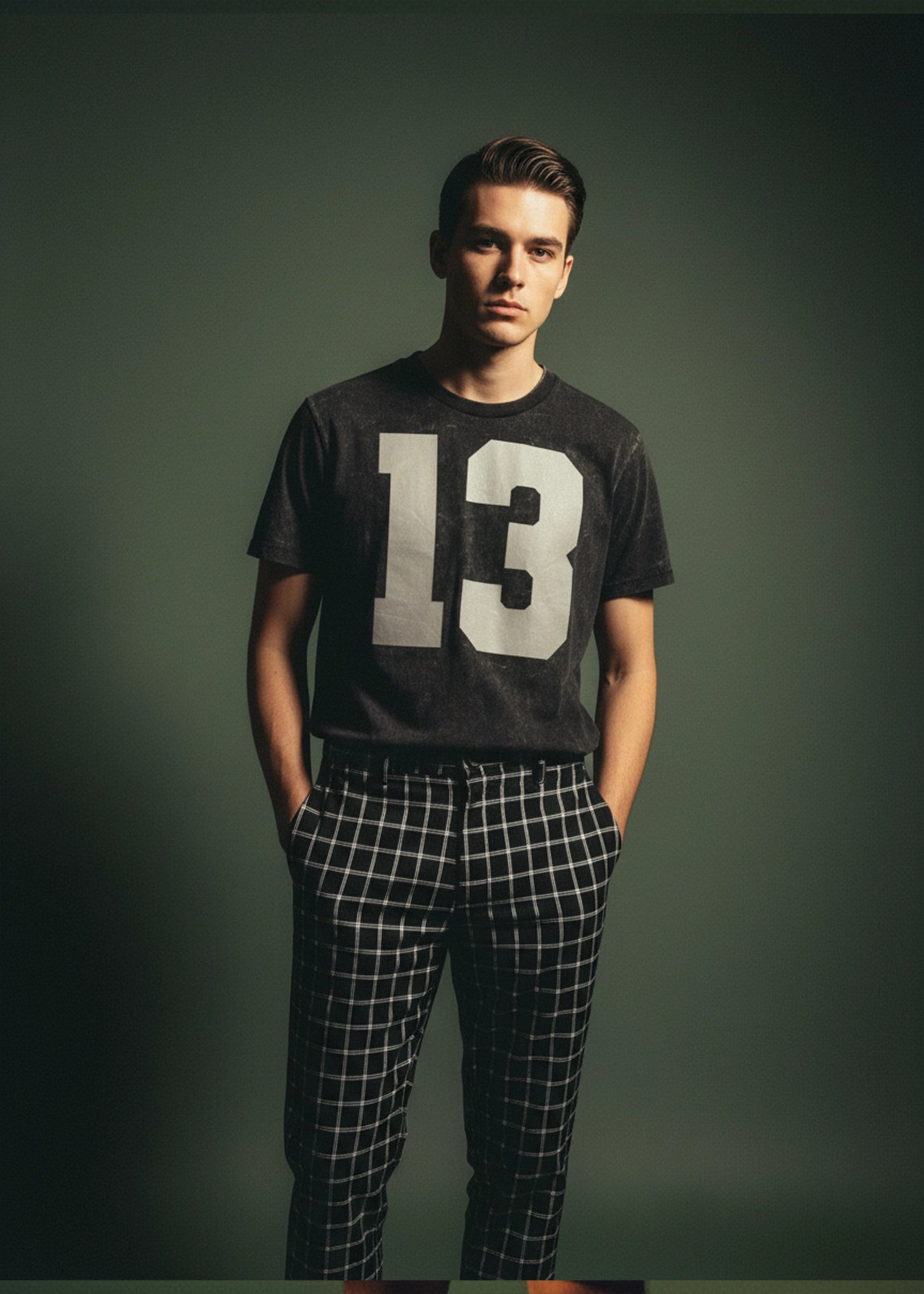 Men's winter t-shirt, black crewneck with large white '13' front graphic