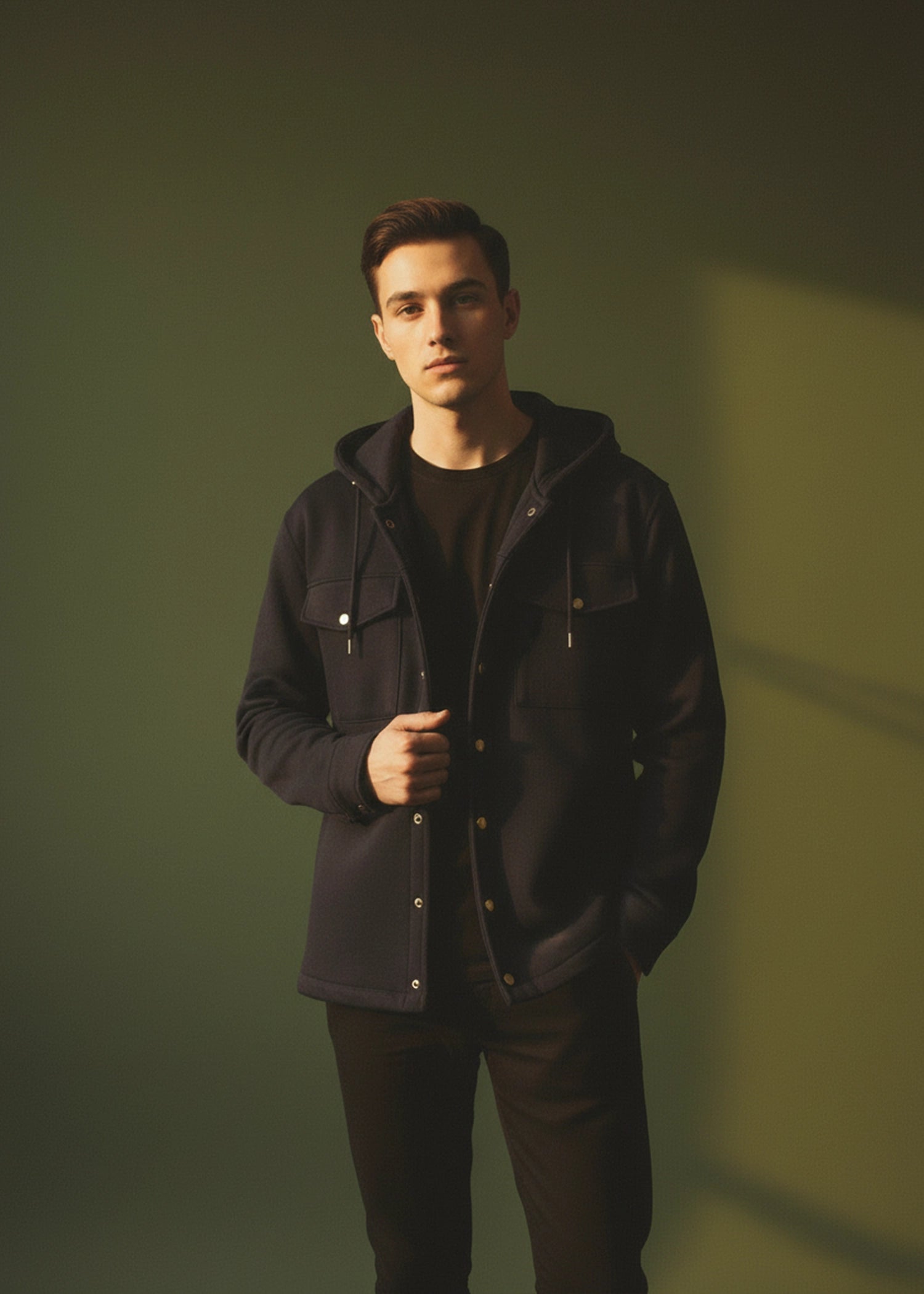 Black hooded pullover hoodie with drawstring and snap placket, front pockets