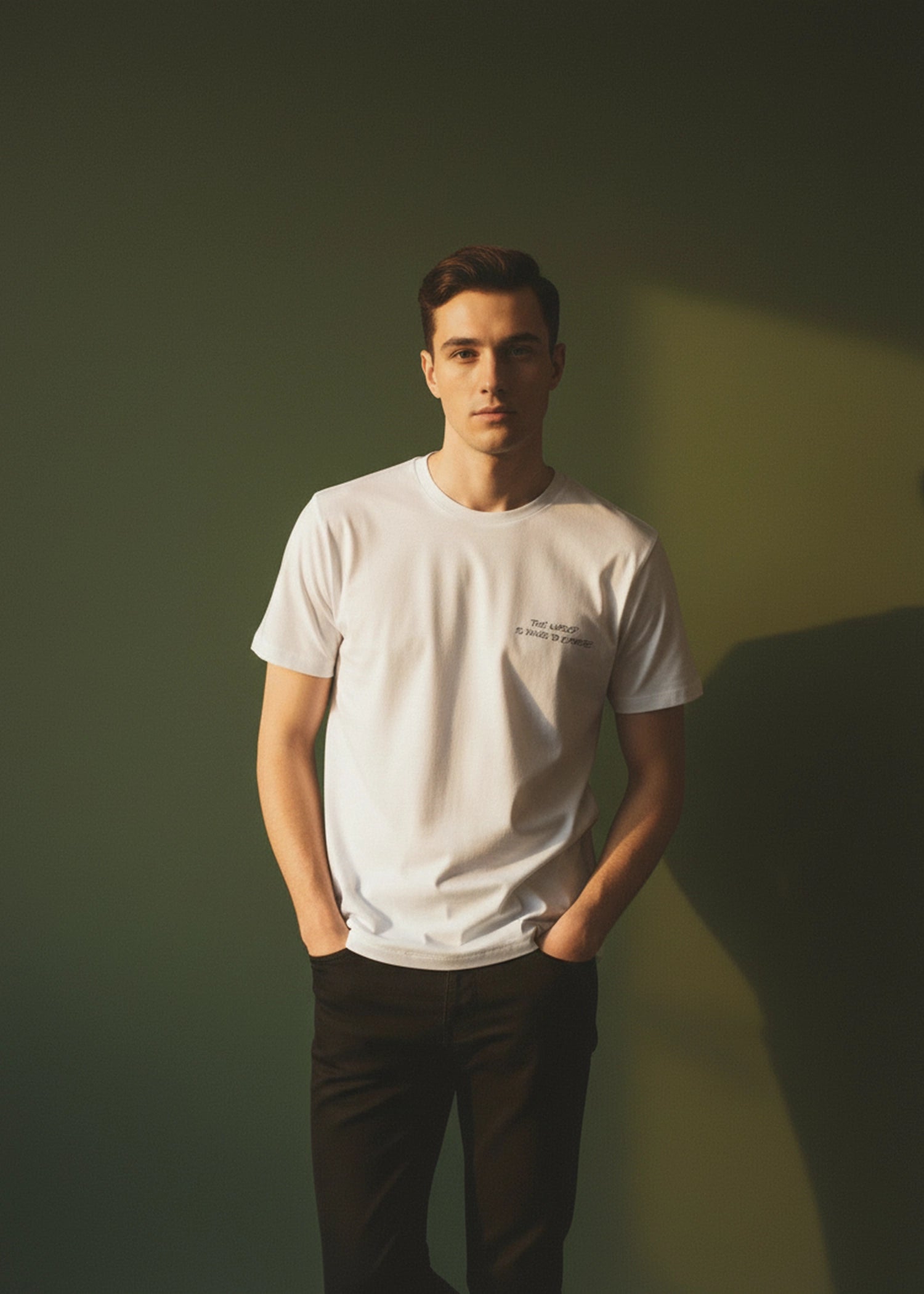 Men's stone T-shirt with crew neck, short sleeves, small chest logo