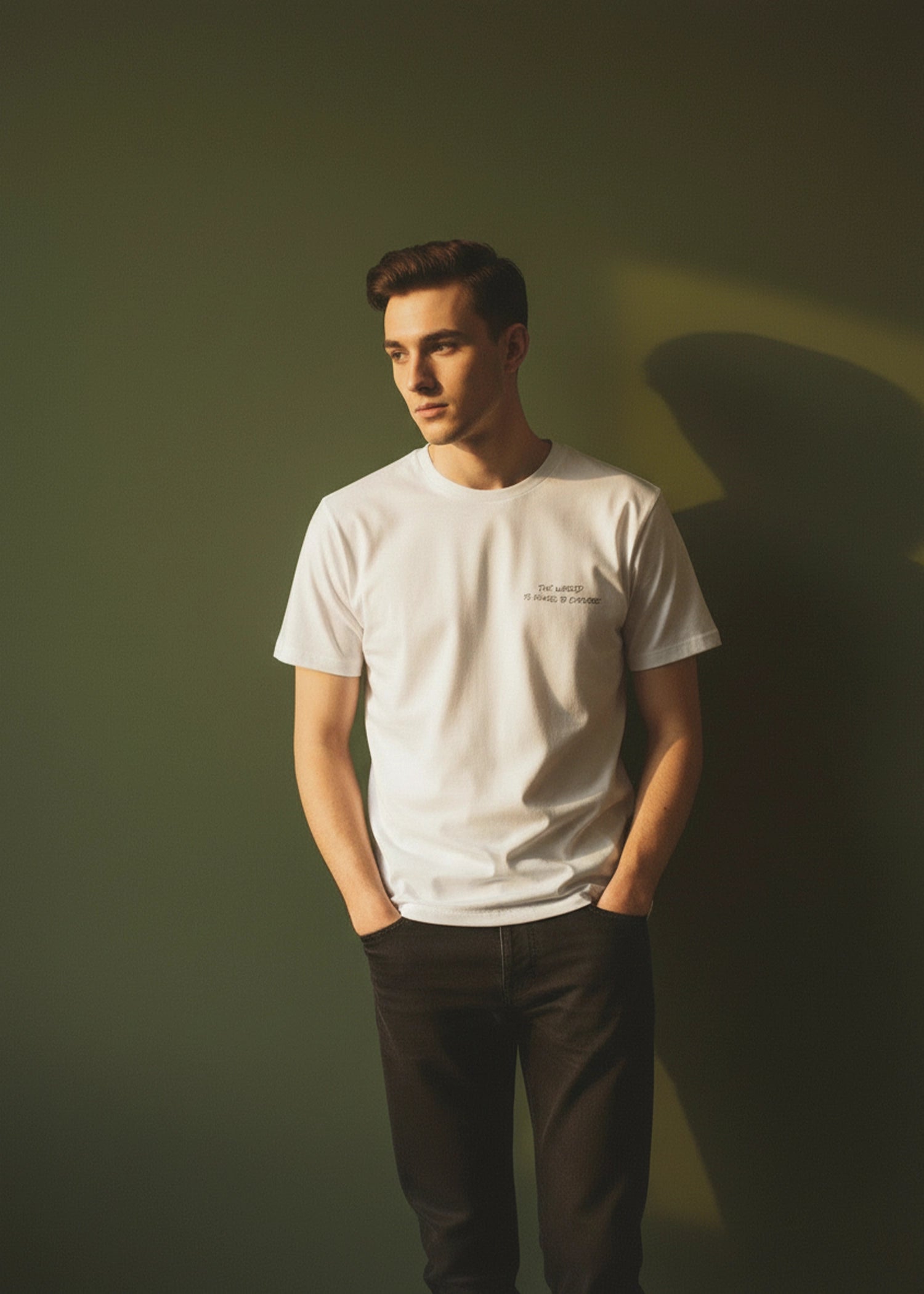 Men's stone crew-neck T-shirt, short sleeves, small chest logo