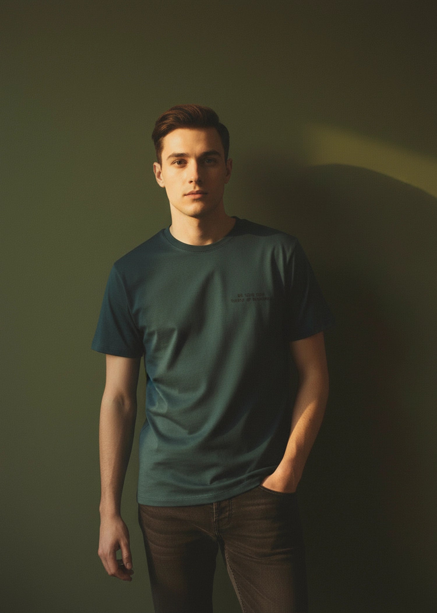 Men's winter T-shirt in teal, short-sleeve crew neck with small chest pocket.