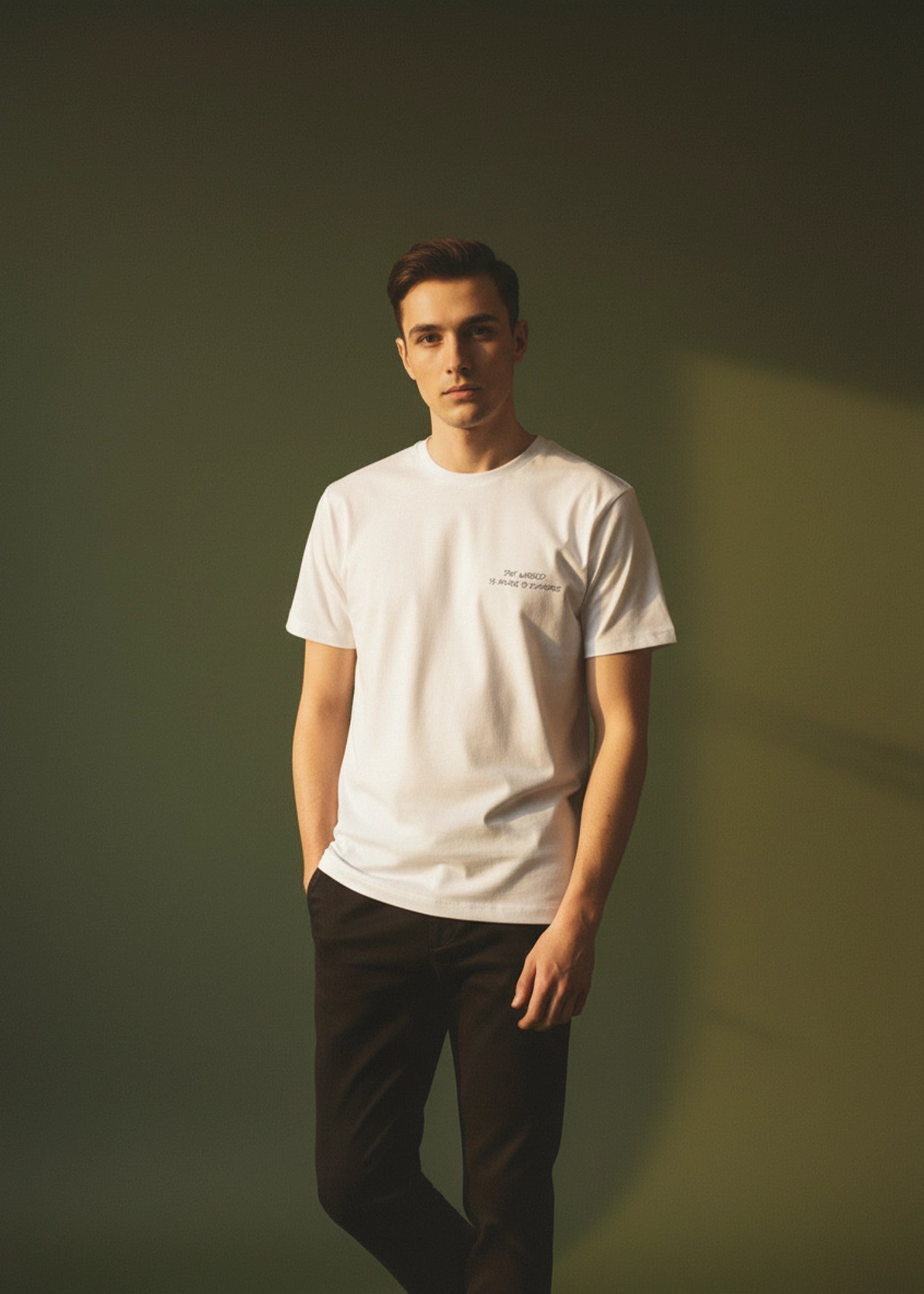 Men's stone T-shirt with crew neck and short sleeves, chest logo