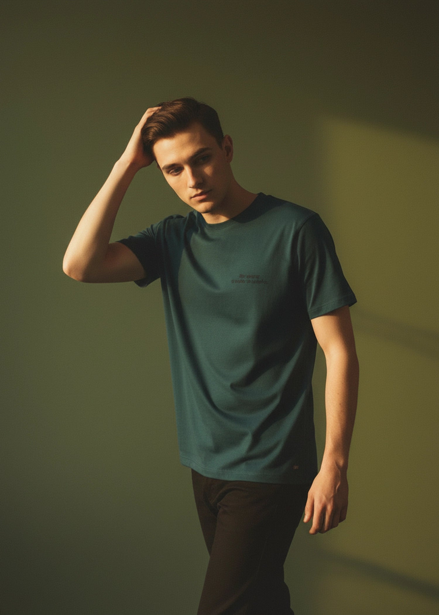 Men's winter T-shirt in teal, short-sleeve crew neck with relaxed fit.