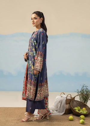 Women’s printed winter suit set in navy: long kurta, straight pants, border dupatta