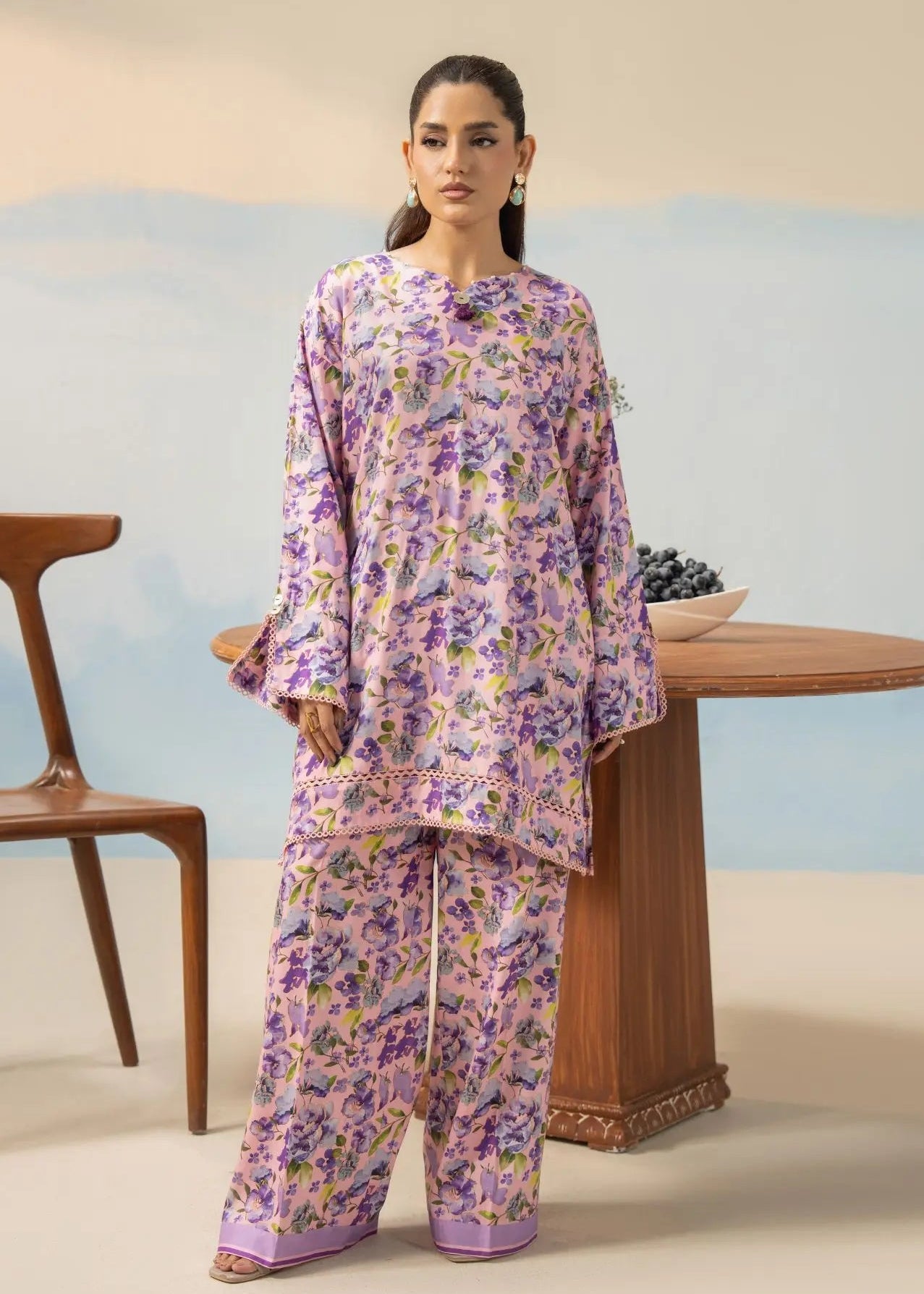 Women's winter co-ord set, purple floral long-sleeve top and wide-leg trousers