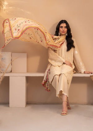 Women's beige embroidered 3-piece set with lace-trim kurta sleeves and embroidered dupatta