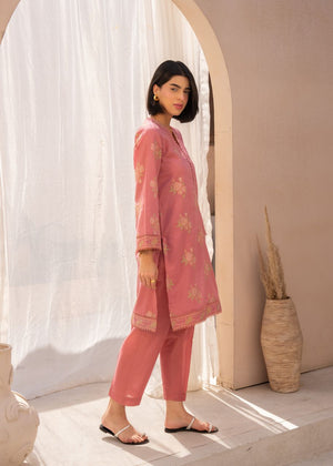 Pink floral 2-piece suit with long kurta and matching pants, full-length front view