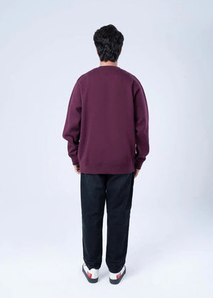 Men's burgundy terry sweatshirt back view, crewneck with ribbed cuffs and hem