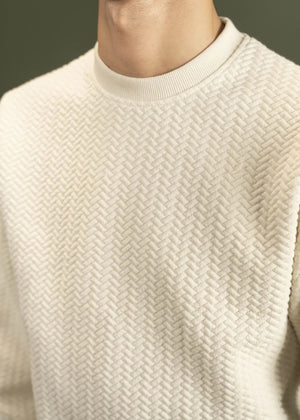 Stone jacquard crewneck sweatshirt close-up with ribbed collar and knit texture
