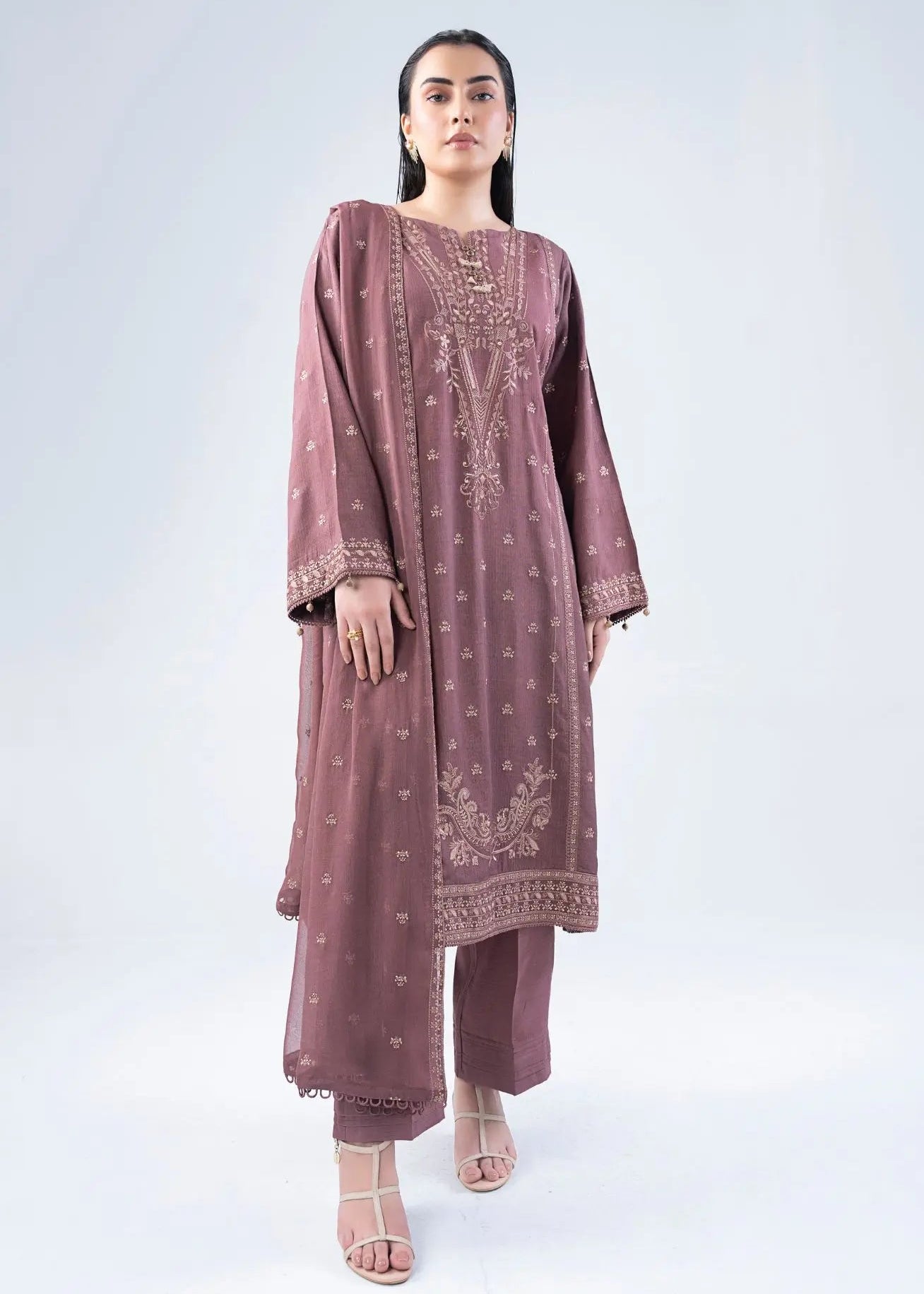 Women’s embroidered 3-piece suit set: long tunic, pants, and matching dupatta