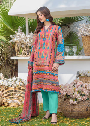 Women's printed long kurta set with teal straight pants, V-neck and long sleeves.