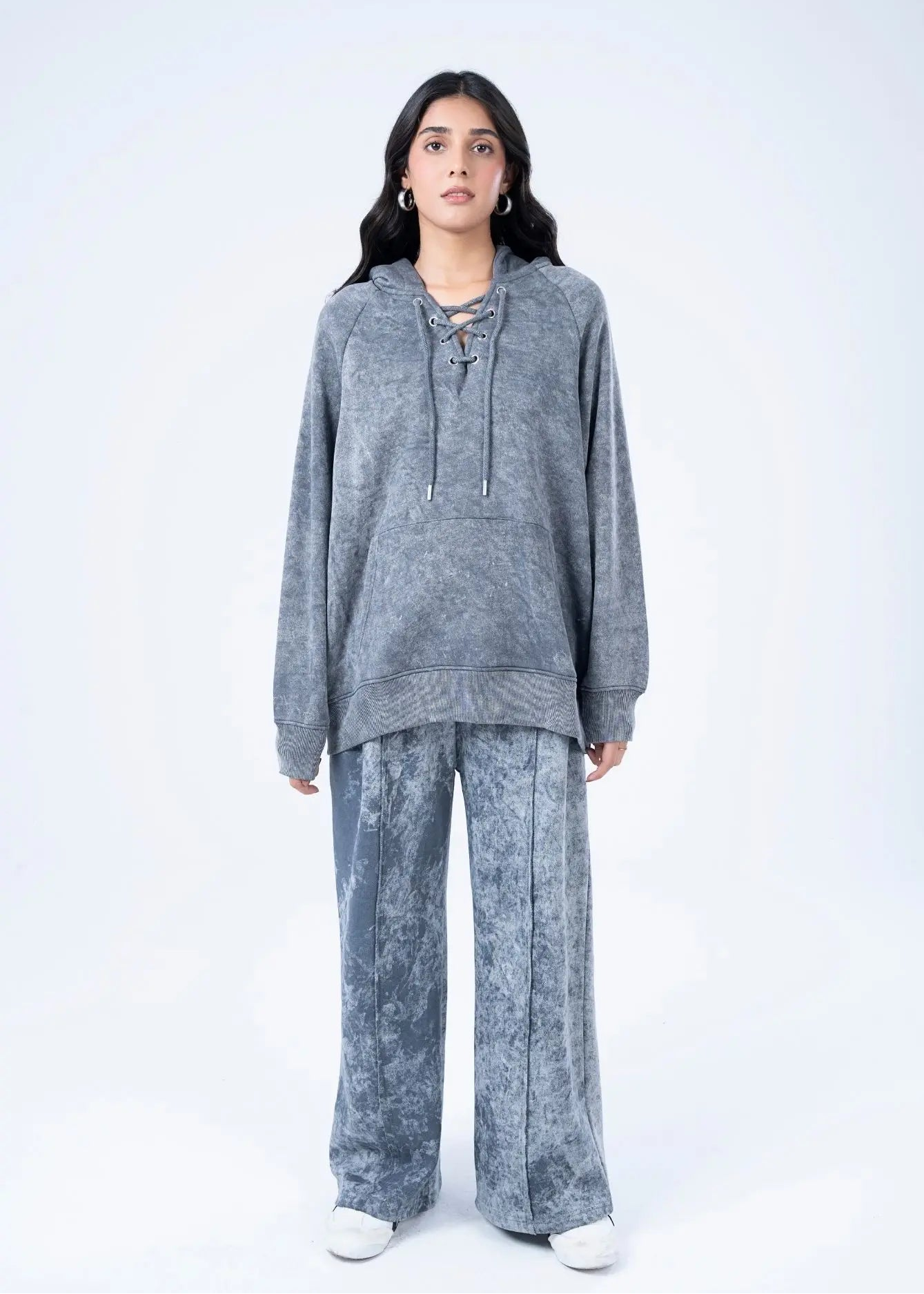 Men's charcoal fleece pull-on trousers with wide legs and elastic waist
