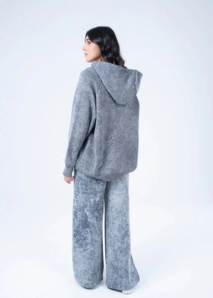 Men's charcoal fleece pull-on trousers, back view, wide legs with elastic hem