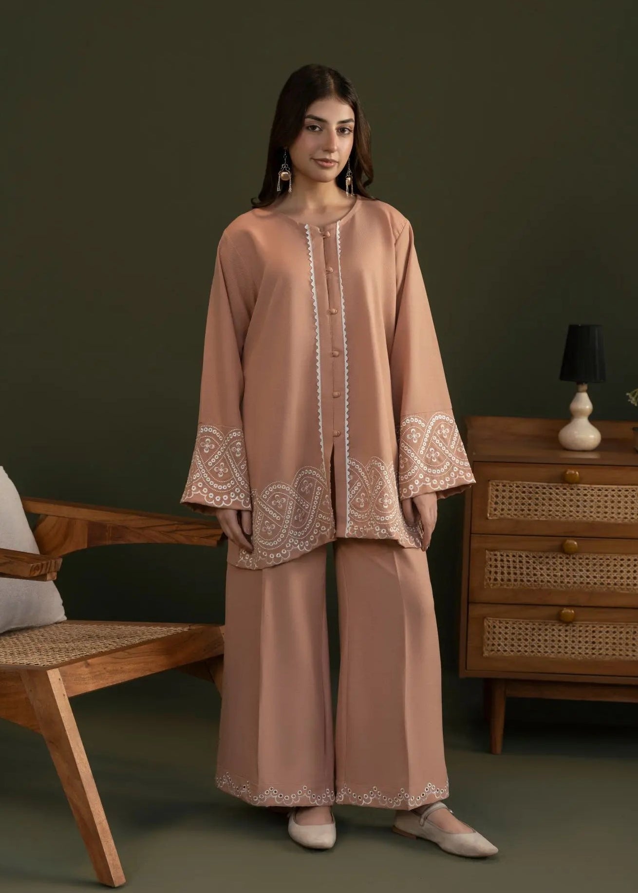 Women’s peach georgette co-ord set with long tunic and wide-leg pants, embroidered trim