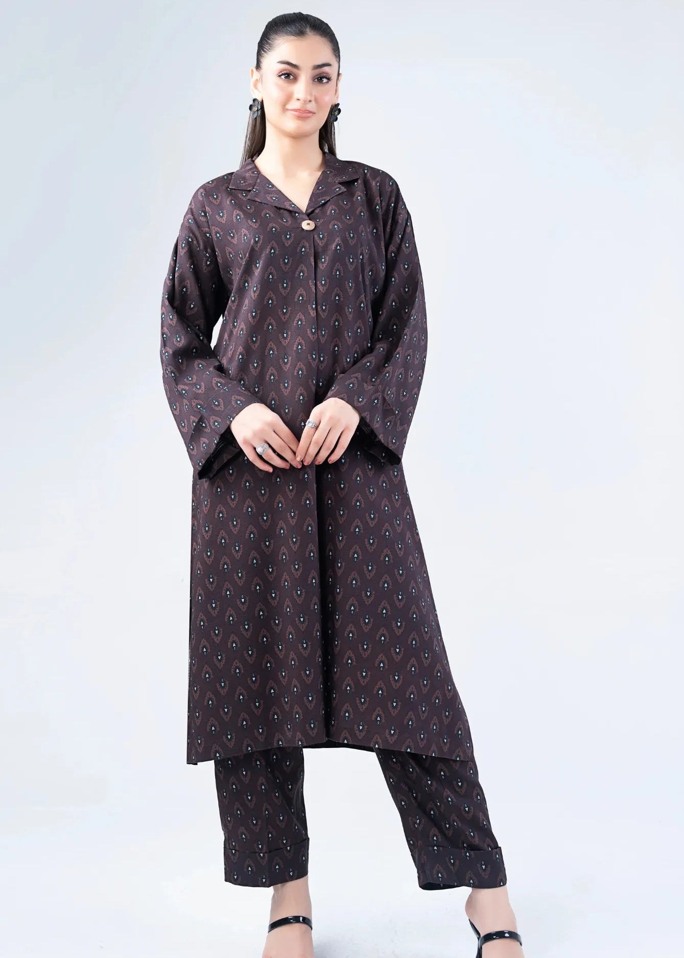 Women's winter co-ord set: full-length brown printed kurta with matching pants