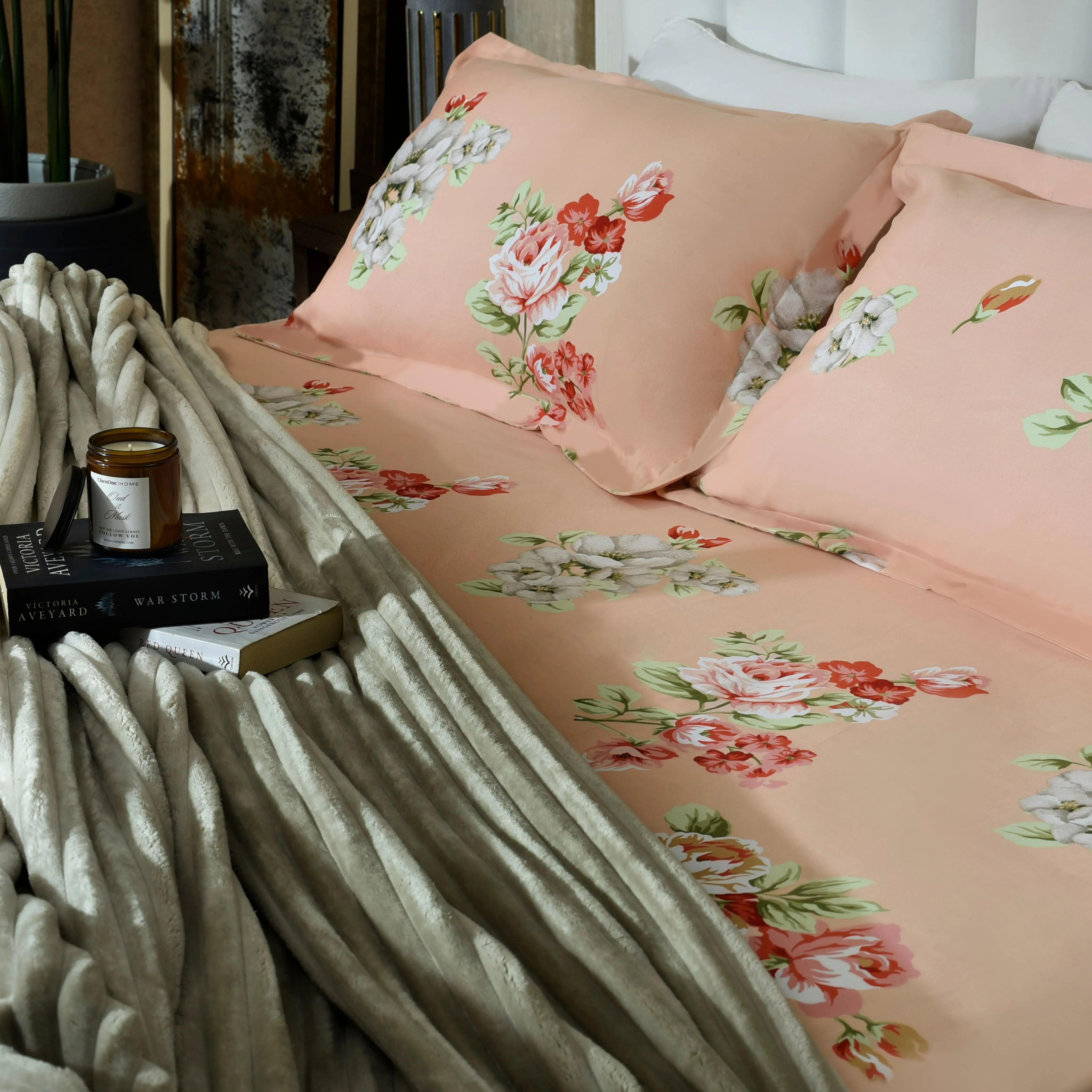 Blush pink floral bed sheet with large bouquet print and coordinating pillowcase
