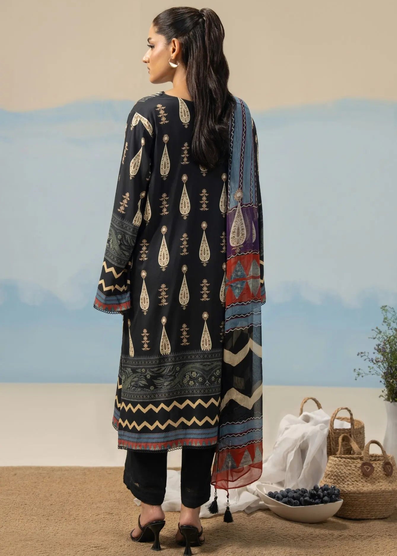 3 PCS SUIT BLACK PRINTED - LDS-6960