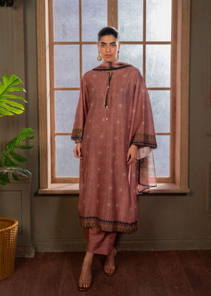 Women's 3-piece silk suit in dusty rose, long kurta with tie neck and patterned cuffs
