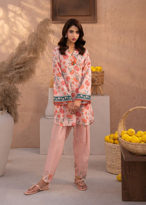Printed floral 2-piece set with long-sleeve tunic and matching pink trousers, blue cuffs