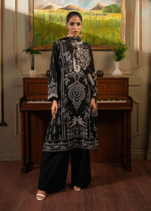 Women's printed 3-piece suit: dark long tunic with white embroidery, wide-leg pants
