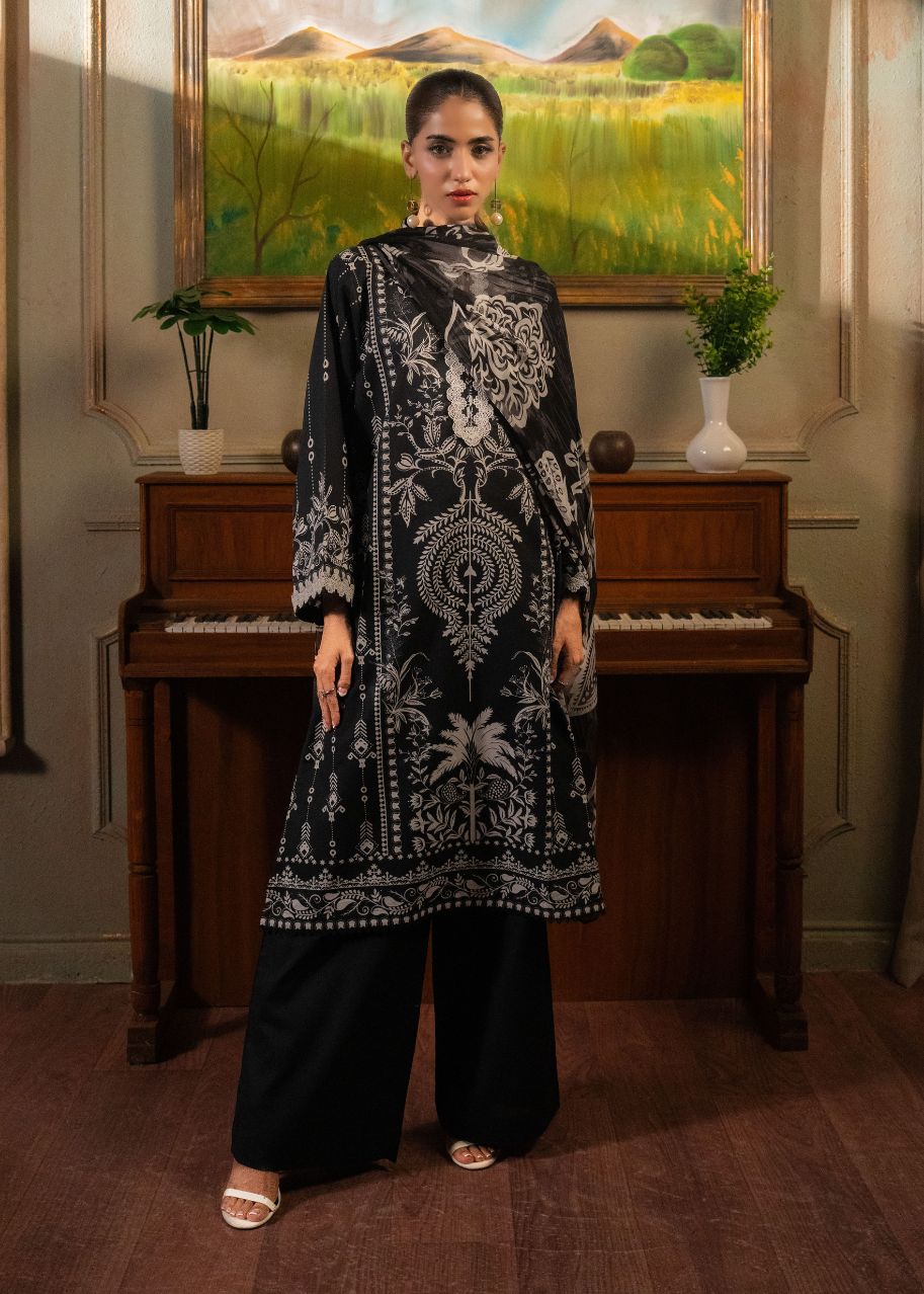 Women's printed 3-piece suit: dark long tunic with white embroidery, wide-leg pants