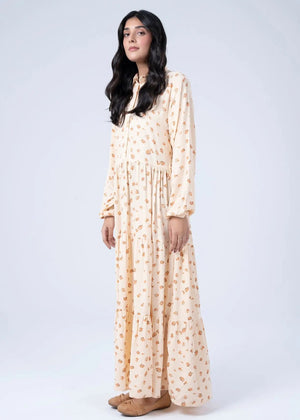 Women's printed long dress in light beige with flowy skirt and long sleeves