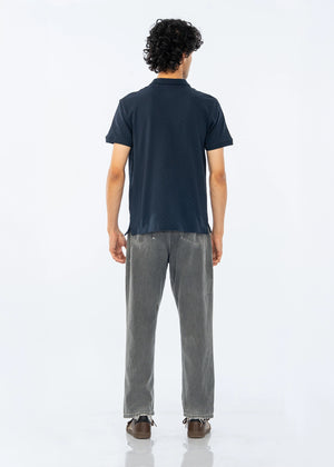 Men's dark polo shirt back view with short sleeves and straight hem