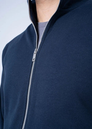 Navy fleece zip-up hoodie with metal zipper and raised collar edge