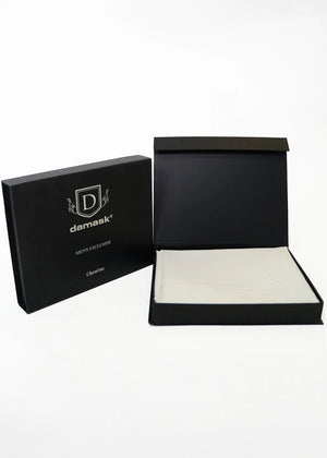 Off-white dobby fabric gift box set: black damask box with light insert