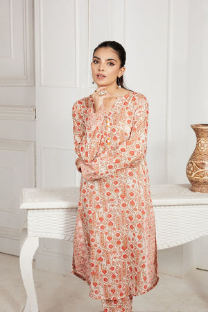 Orange printed 2-piece suit with long tunic, round neckline, and matching pants