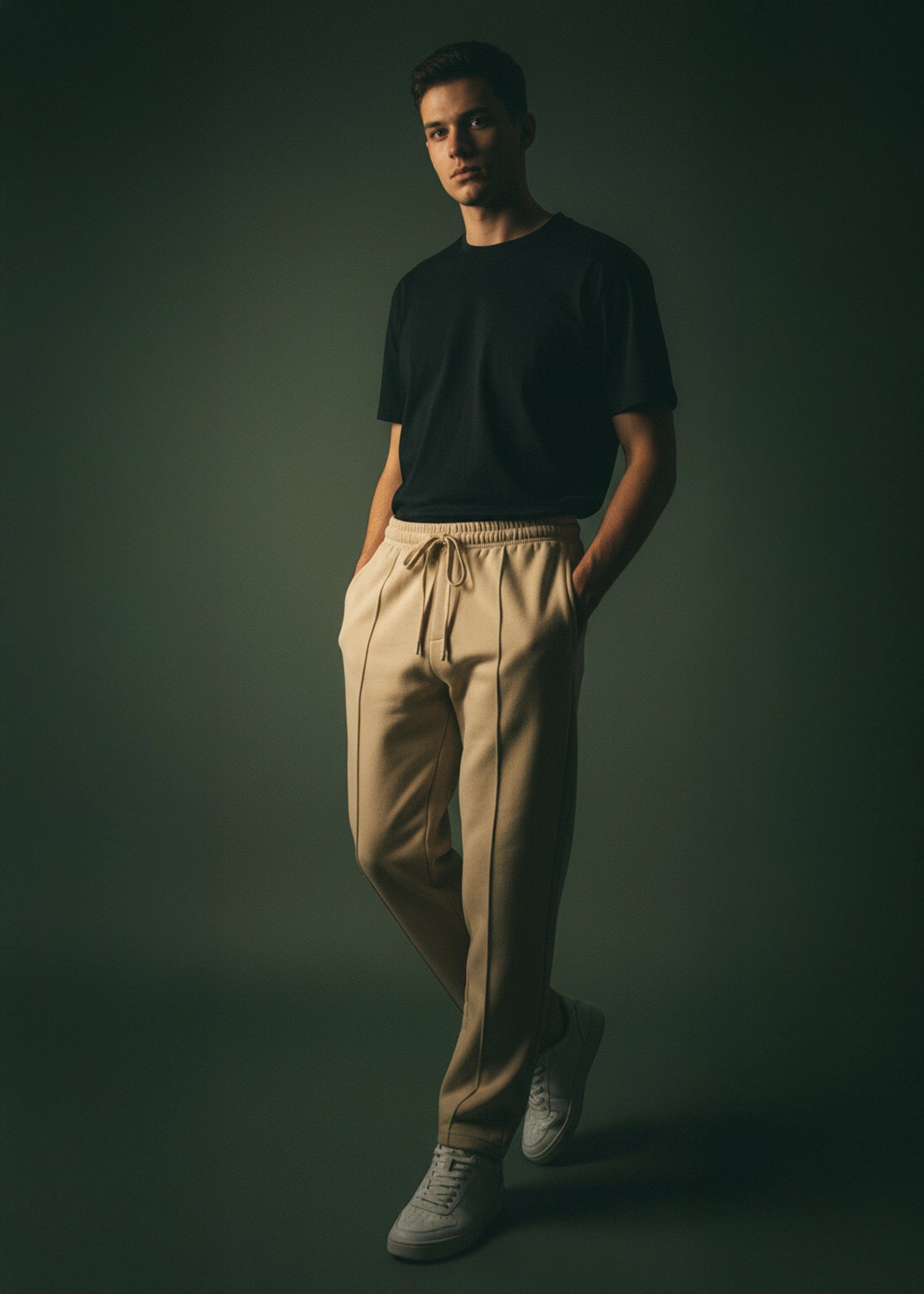 Men's khaki pull-on trousers with drawstring elastic waist and straight legs